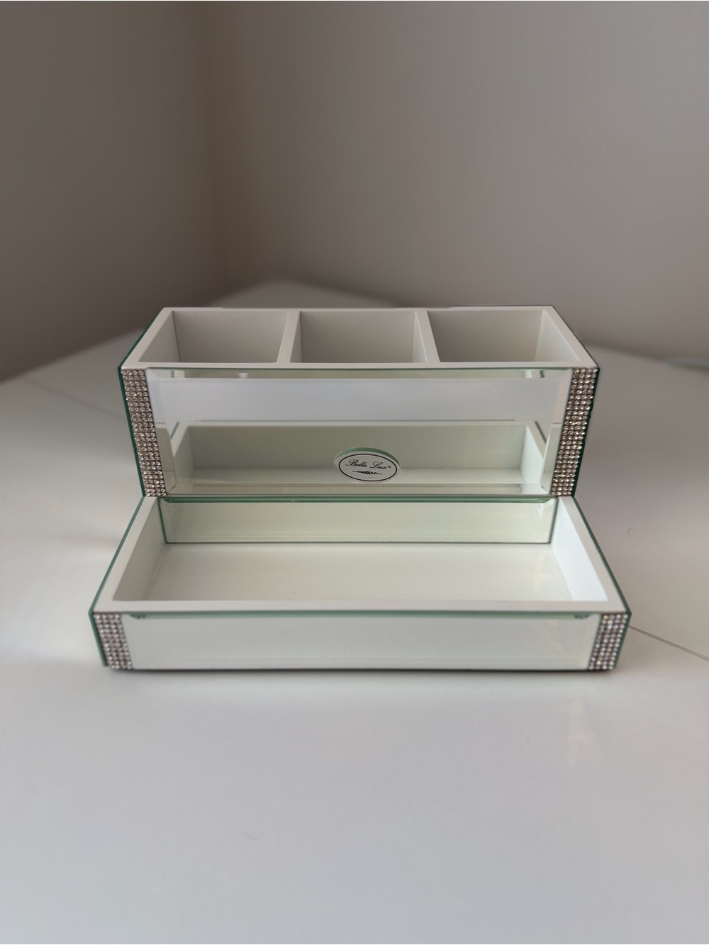 Bella Lux Mirrored Vanity Organizer Tray Rhinestone Crystal Makeup Holder Glam